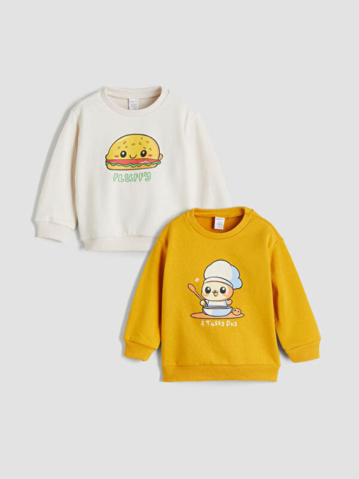Bisiklet Yaka Bask?l? Erkek ?ocuk Sweatshirt 2li