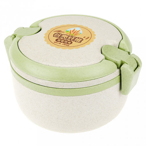 Ланч-бокс для продуктов пластмассовый Эко дом д13,8см h10см, 2 уровня: 0,15л д13,8см h2,1см; 0,6л, д13,7см h6,7см, с ложкой 13см, бежевый, с цветными клипсами и ручками, цвета в ассортименте: фисташковый, розовый (Китай) Пластик с добавлением пшени - Домашняя мода фото 4