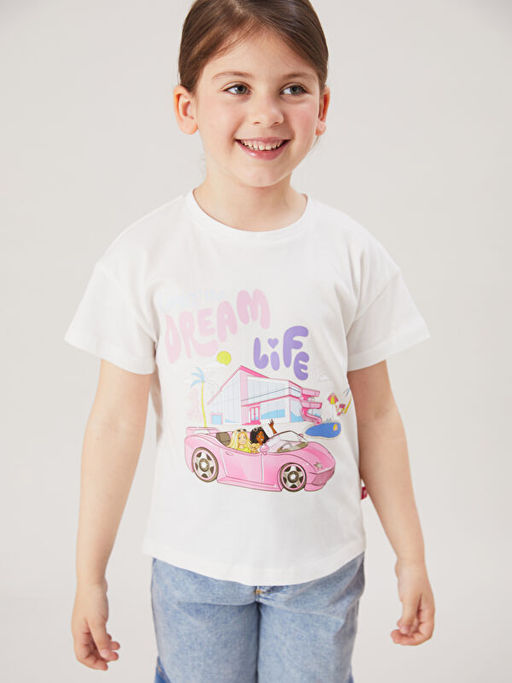 Bisiklet Yaka Barbie Bask?l? K?z ?ocuk Ti??rt