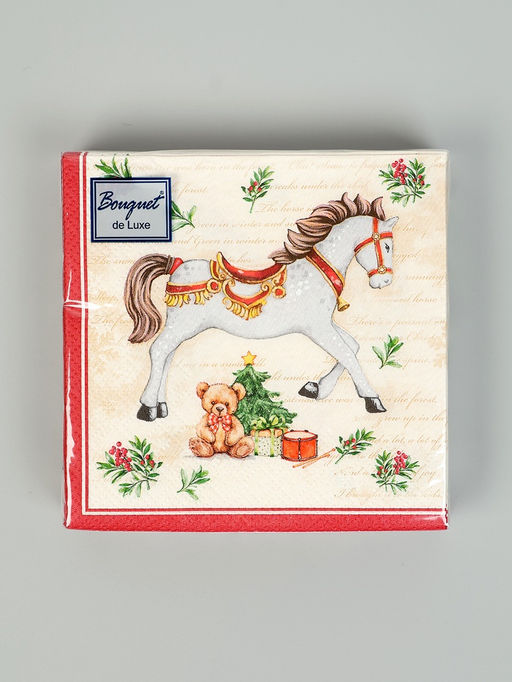 Цена за 5 шт. Салфетки бумажные трёхслойные Новогодняя лошадка. кремовый фон, 24?24, 25 шт.
