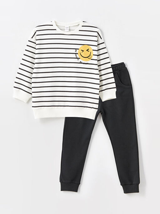 Bisiklet Yaka Bask?l? Erkek Bebek Sweatshirt ve E?ofman Alt 2li Tak?m