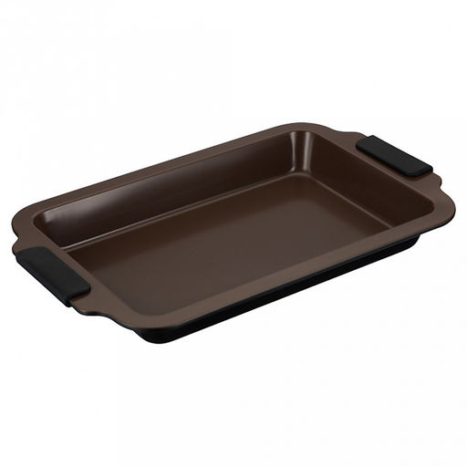 Противень из углеродистой стали с антипригарным покрытием "Easy Ceramica" 36,5х23х3,5см, s0,4мм, прямоугольный, глубокий, съемные силиконовые ручки, коричневый, "Regent" (Китай)