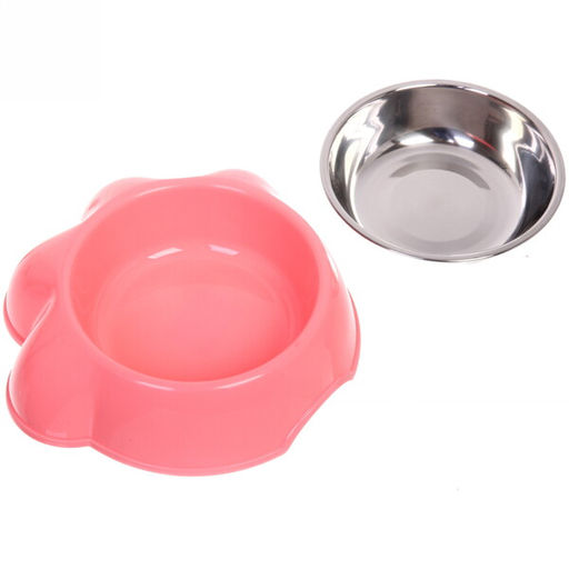Миска пластиковая с металлической чашкой "Лапка" 21*6,5см цвет розовый / 350 и 450мл