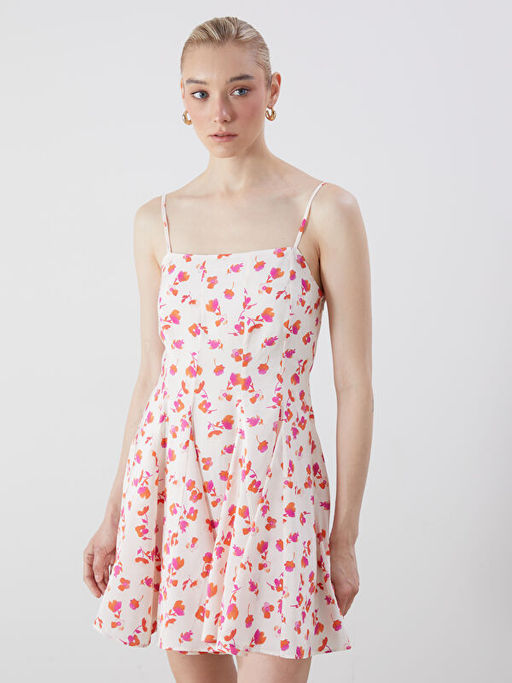 Kare Yaka ?i?ekli Modal Kar???ml? Mini Elbise