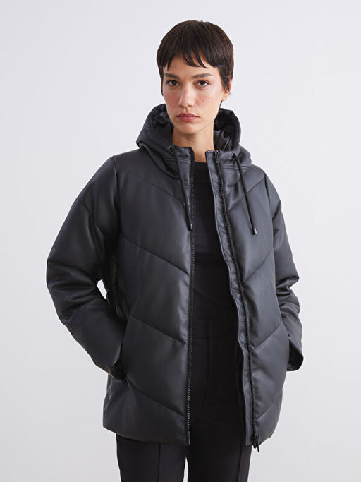 Kap??onlu Kad?n Deri G?r?n?ml? Mont