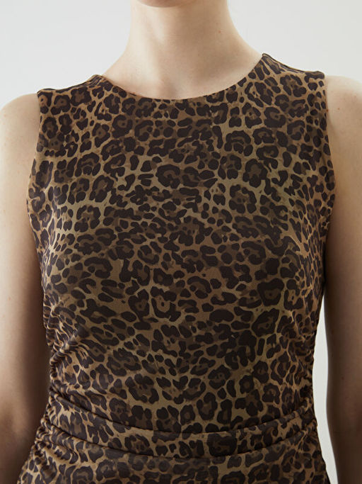 Bisiklet Yaka Leopar Desenli Mini Elbise