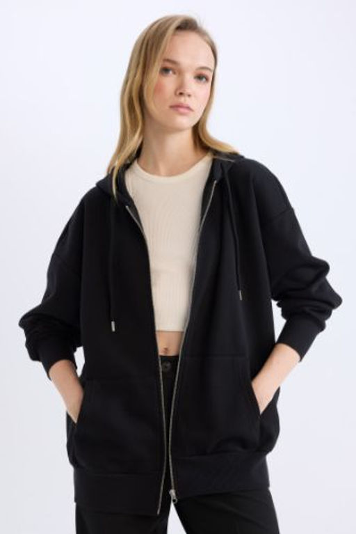 Oversize Genis Kal?p Kapusonlu Cepli Basic Duz Fermuarl? Sweatshirt