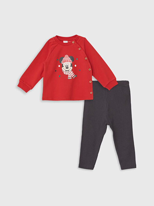 Bisiklet Yaka Mickey Mouse Bask?l? Erkek Bebek Sweatshirt ve Tayt 2li Tak?m