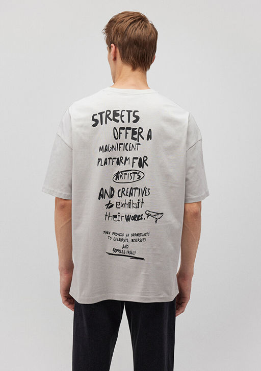 S?rt Bask?l? Gri Tisort - Mavi фото 5