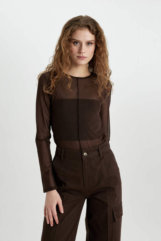 Повседневная футболка из тюля с длинными рукавами и круглым вырезом Slim Fit - Defacto фото 4