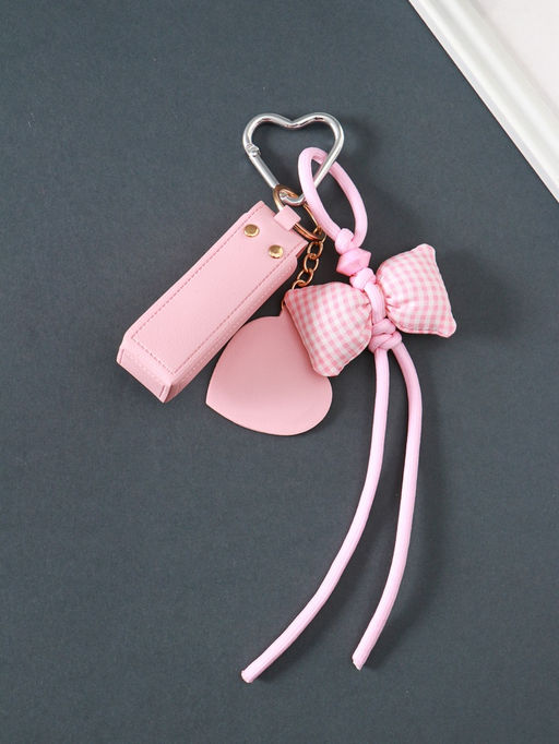 Брелок для ключей на кольце с карабином, с зеркалом «Для помады. Бант», на рюкзак, сумку, кожзам, розовый, 23×3×3.5 см