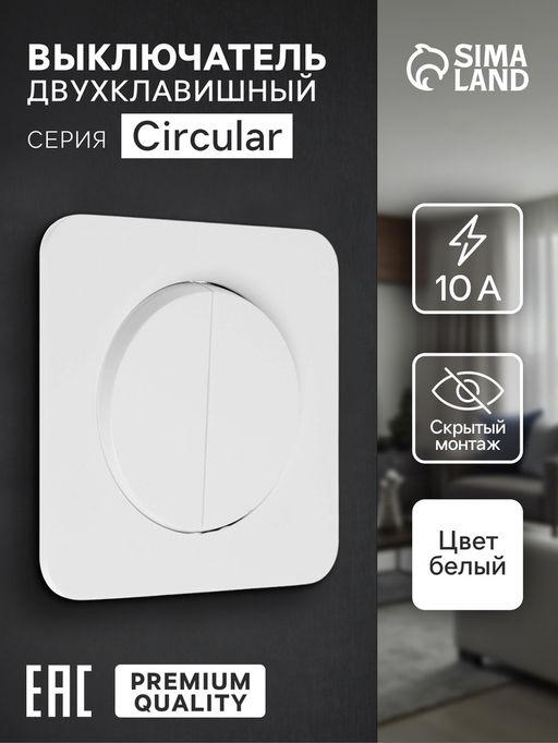Выключатель, серия Circular, 10 А, двухклавишный, скрытый монтаж, белый