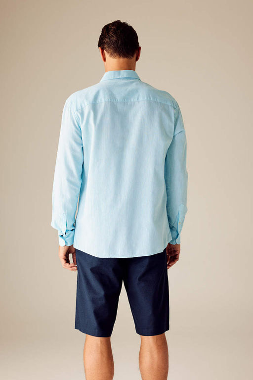 Льняная рубашка обычного кроя с воротником поло и длинными рукавами - Defacto фото 5