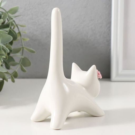 Сувенир керамика "Котик белый с длинным хвостом и розовым цветком" 9,4х5,3х14 см