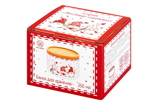 Банка д/хранения 250 мл 9,3*9,3*7 см "Весёлые гномики" + дер. крышка-подставка с крыш. с сил. уплот.