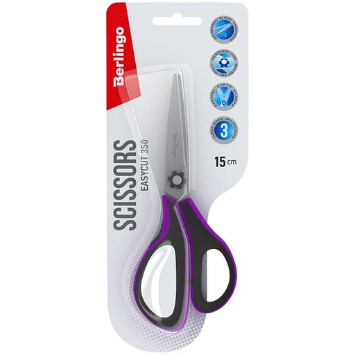 Ножницы Berlingo "Easycut 350" 150мм (DNn_15035_a) эргономичные ручки с рез. вставками, черно-сиреневые