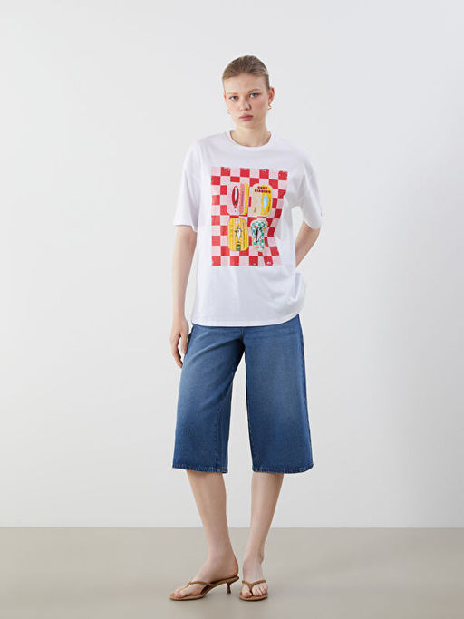 Bisiklet Yaka Bask?l? Oversize Kad?n Ti??rt