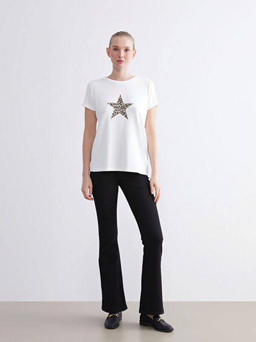 Bisiklet Yaka Y?ld?z Bask?l? Kad?n Ti??rt