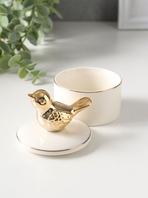 Шкатулка для украшений керамика с золотой линией «Птичка», с крышкой, 7×7×9 см