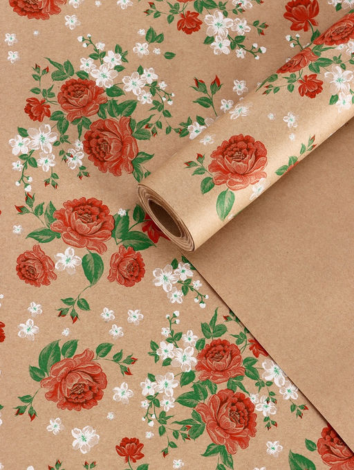 Бумага упаковочная крафт Пионы, красный, 0.72?105% м, 60 г