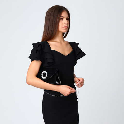 Сумка-клатч женская вечерняя на магните, на цепочке, с декоративной пряжкой, чёрная