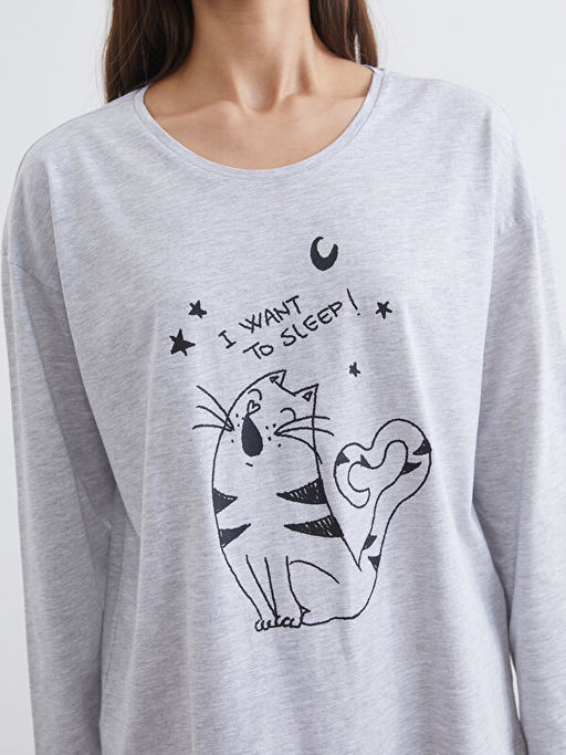 Kedi Bask?l? Kad?n Pijama Tak?m?