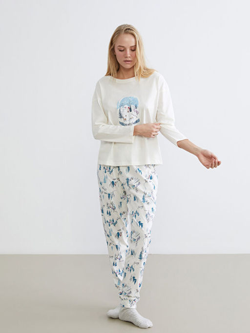 Bisiklet Yaka Y?lba?? Temal? Kad?n Pijama Tak?m?