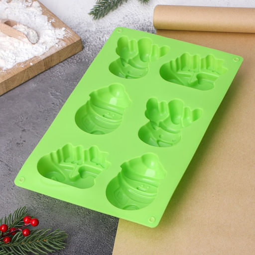 Цена за 4 шт. Форма для выпечки Доляна «Новый год», силикон, 27×17×3 см, 6 ячеек (8×7×3 см), зелёная