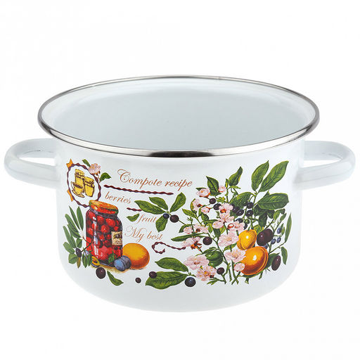 "Вкусный компот" Кастрюля эмалированная 2л, цилиндрическая форма, металлическая крышка, белый (Россия)