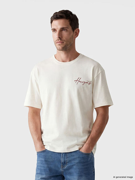 Oversize Bisiklet Yaka Bask?l? Penye Erkek Ti??rt
