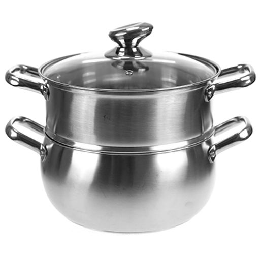 Ленинград Набор посуды из нержавеющей стали 10 предметов: кастрюля - 2 штуки: 18х9,5см 2,3л; 19,5х10,5см 3л; пароварка 23х22см 5л, ковш 16х9см 1,7л, сковорода 24х6,5см 2,4л без крышки, кухонная навеска пластмассовая - 5 штук, крышки стеклянные, руч - Домашняя мода фото 3