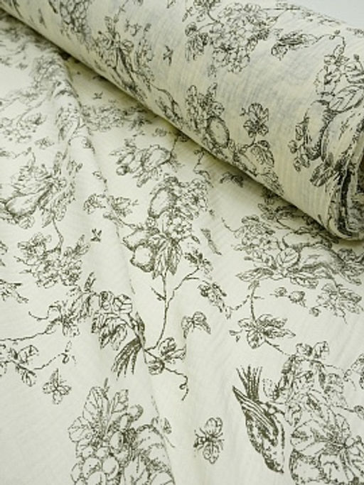 Муслин двухслойный с эф.жатости Садовая трель цв.кремовый/черный, ш.1.4м, хлопок-100%, 115гр/м.кв