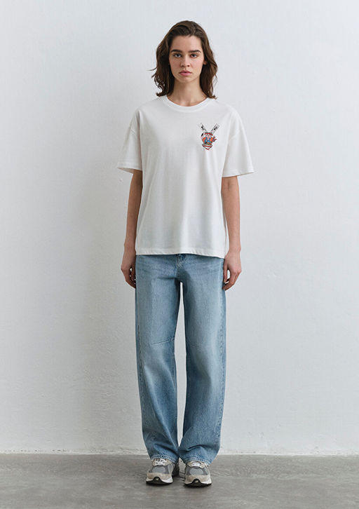 Delicious Bask?l? Beyaz Tisort - Mavi фото 4