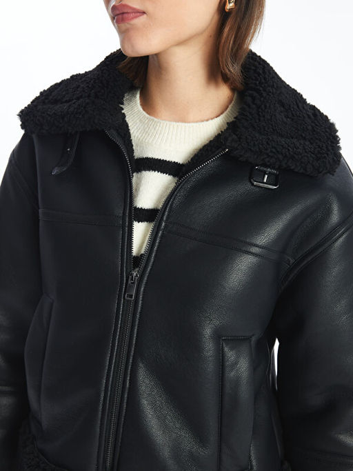 Ceket Yaka Kad?n Deri G?r?n?ml? Mont - Waikiki фото 3