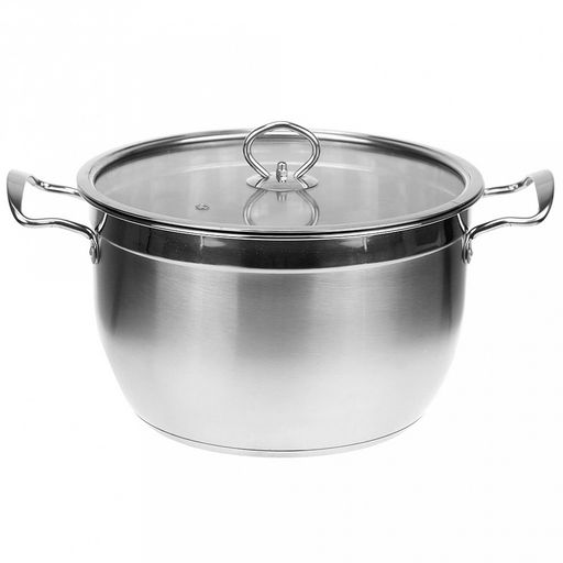 Кастрюля из нержавеющей стали "Цилиндр" 8л, д26см h16,5см, s0,50мм, стеклянная крышка, металлические ручки, с теплораспределительным дном 0,7см, цветная коробка (Китай)