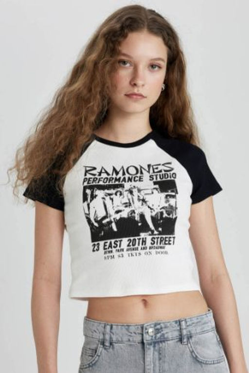 Ramones Fitted Bisiklet Yaka Fitilli Kaskorse K?sa Kollu Tisort