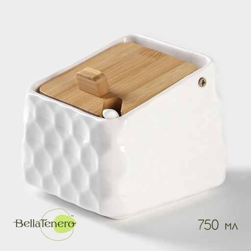 Банка для сыпучих BellaTenero, 800 мл, 14.511 см, с ложкой, с бамбуковой крышкой, фарфор, белая