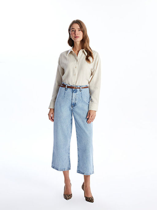 Beli Kemerli Wideleg Kad?n Jean Pantolon