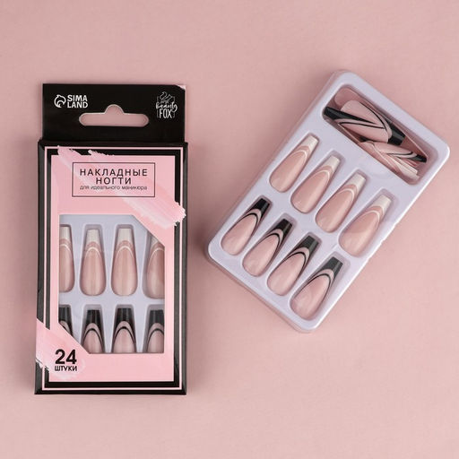 Накладные ногти для взрослых Черно-белый френч, 24 шт., клеевые пластины, форма балерина, глянцевые - Beauty fox фото 2
