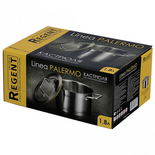 Кастрюля из нержавеющей стали "Linea PALERMO" 1,8л, д16см, h9см, s0,6мм, дно s15мм, трехслойное капсулированное дно, стеклянная крышка-дуршлаг с силиконовым ободком, два режима слива воды, ручка из нержавеющей стали, цветная коробка, "Regent" (Китай)