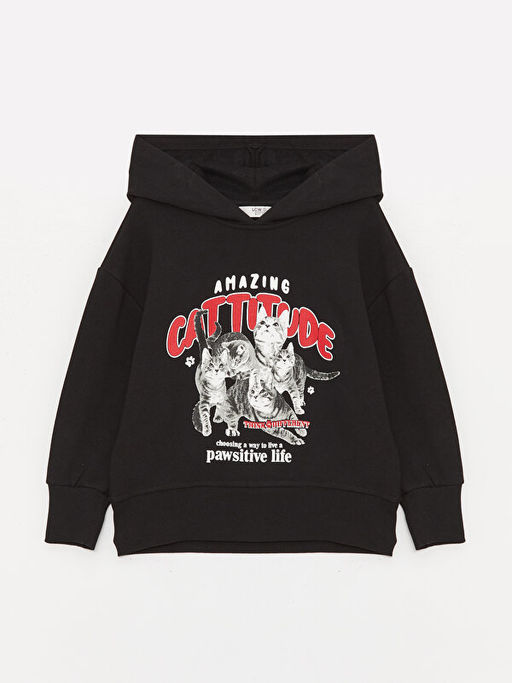 Bask?l? Uzun Kollu K?z ?ocuk Hoodie