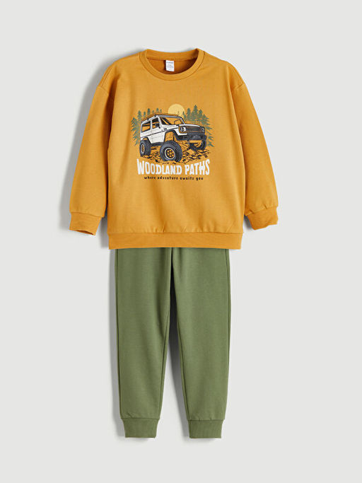 Bisiklet Yaka Bask?l? Erkek Bebek Sweatshirt ve E?ofman Alt 2li