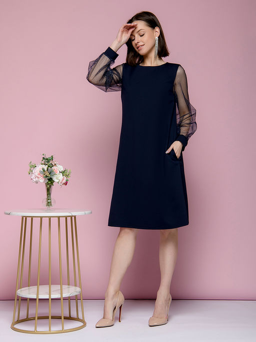 Платье темно-синее свободного силуэта с рукавами из фатина - 1001dress фото 2