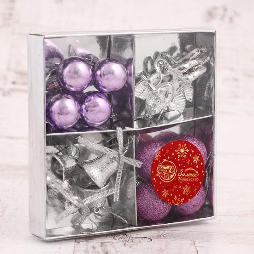 Цена за 2 шт. Ёлочные игрушки Сюрприз, шары новогодние, набор 14 шт. (4 колокольчика, 8 шаров, 2 ангела), фиолетовый - Зимнее волшебство фото 3