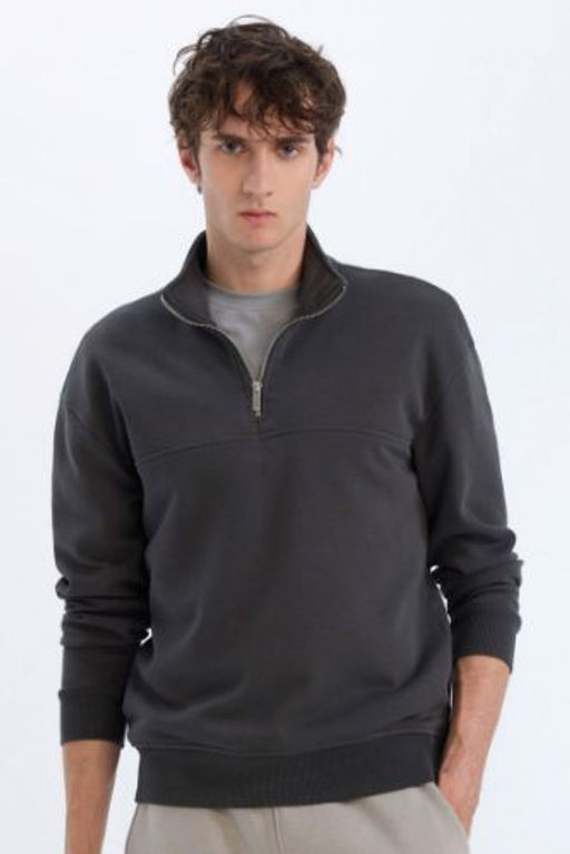 Relax Fit Dik Yaka Fermuarl? Basic Duz Kal?n Sweatshirt
