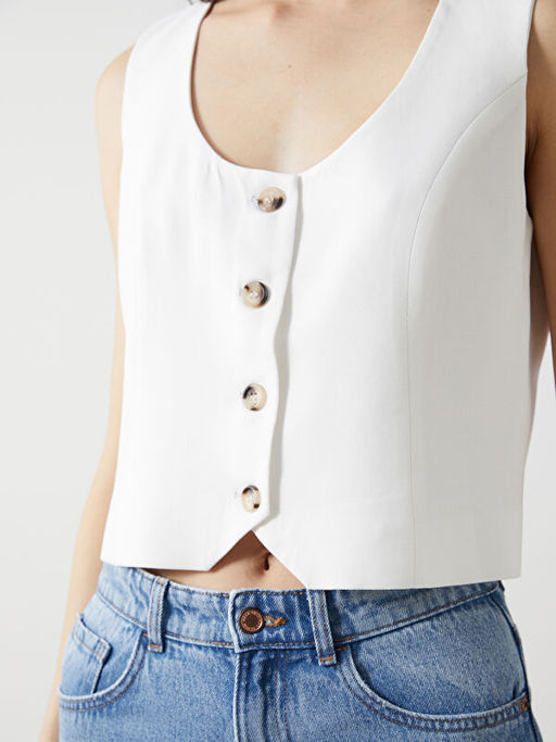 U Yaka Keten Kar???ml? Kad?n Klasik Yelek