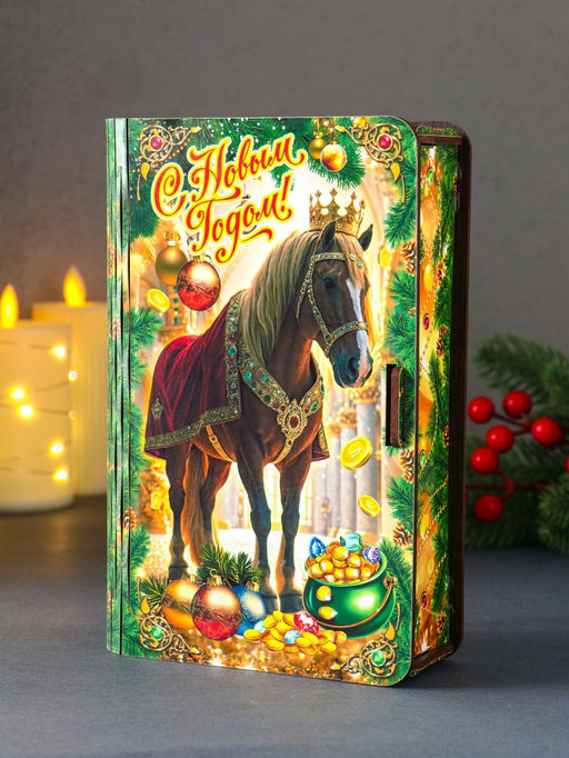 Новогодняя деревянная шкатулка-книга «Конь в мантии с короной: С Новым годом!», для подарков,19×13×5 см