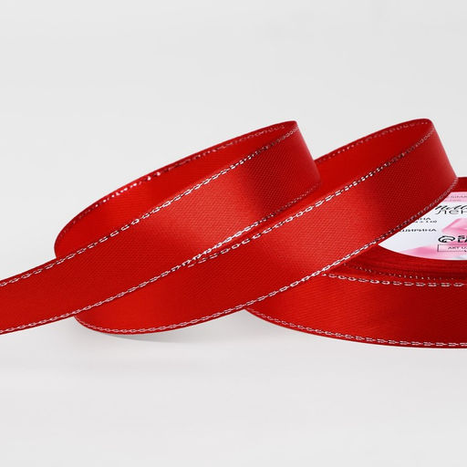 Цена за 3 шт. Лента атласная, с серебряным люрексом, 15 мм, 23±1 м, красная №026