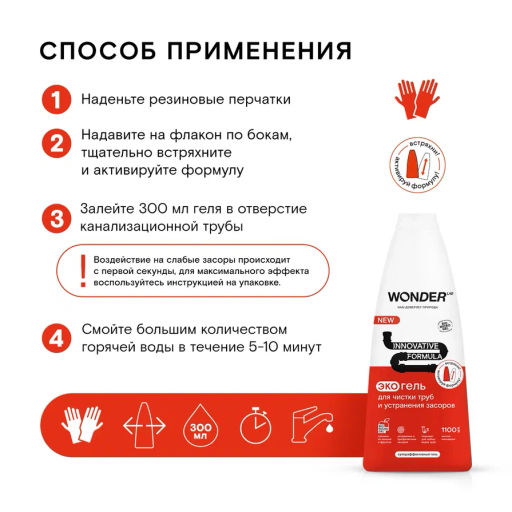 ЭкоГель для чистки труб и устранения засоров WONDER lab, 1100мл