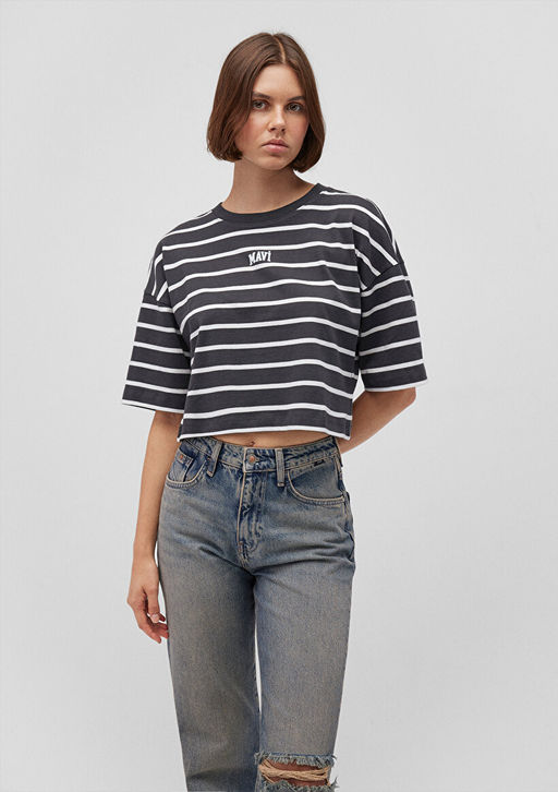 Mavi Logo Bask?l? Siyah Cizgili Crop Tisort  фото 2